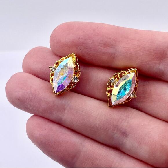 LIND 14K HGE Aurora Borealis Rhinestone Navette Post Earrings - Picture 2 of 13